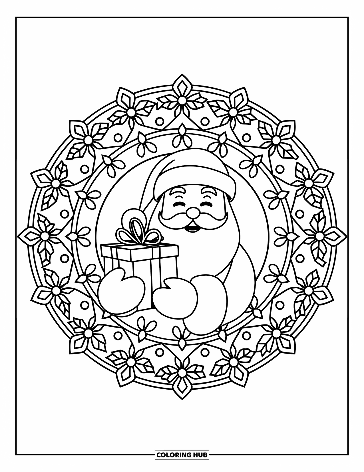 Christmas Mandala Coloring Page for Kids: Santa with a gift framed by snowflakes and holly leaves in a circle