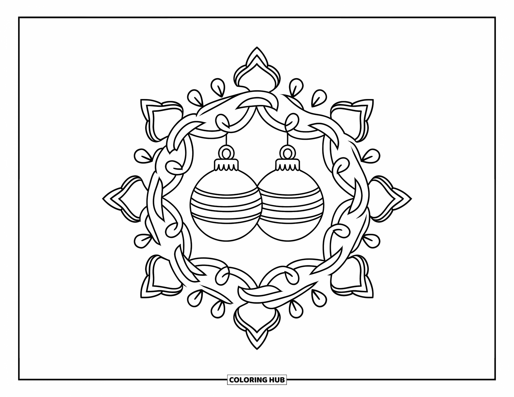 Christmas Mandala Coloring Page for Kids: Two ornaments surrounded by ribbons and garlands in a festive mandala