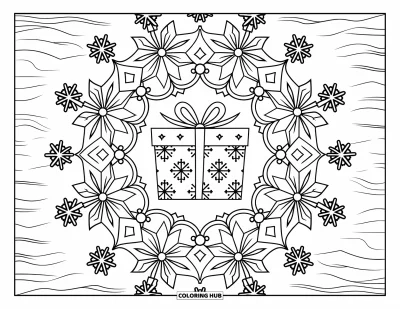 Julegavetegning til voksne: En central gave viklet i snefnug omgivet af blomstrede mandala-mønstre