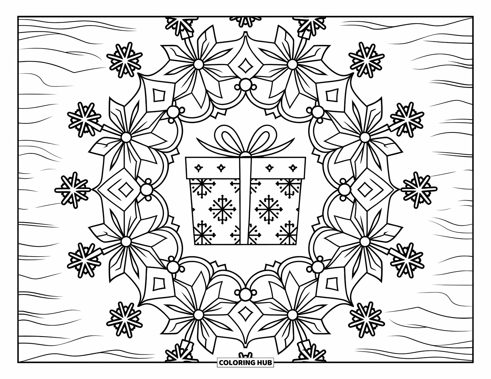 Christmas Presents Coloring Page for Adults: A central gift wrapped in snowflakes surrounded by floral mandala patterns