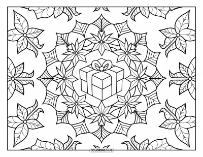 Julegavetegning til voksne: En gave i midten af en julestjerne- og snefnug-mandala