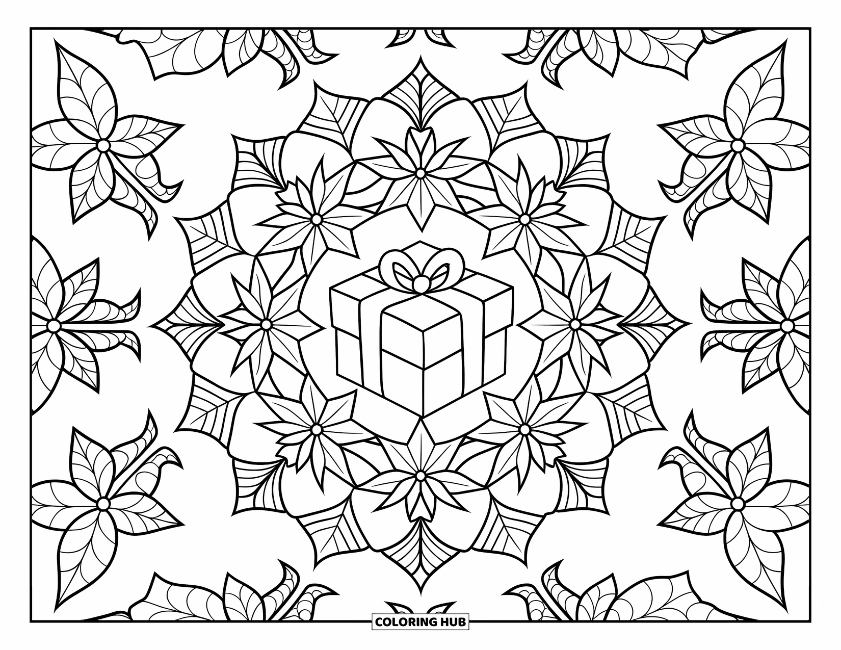 Christmas Presents Coloring Page for Adults: A gift rests in the middle of a poinsettia and snowflake mandala
