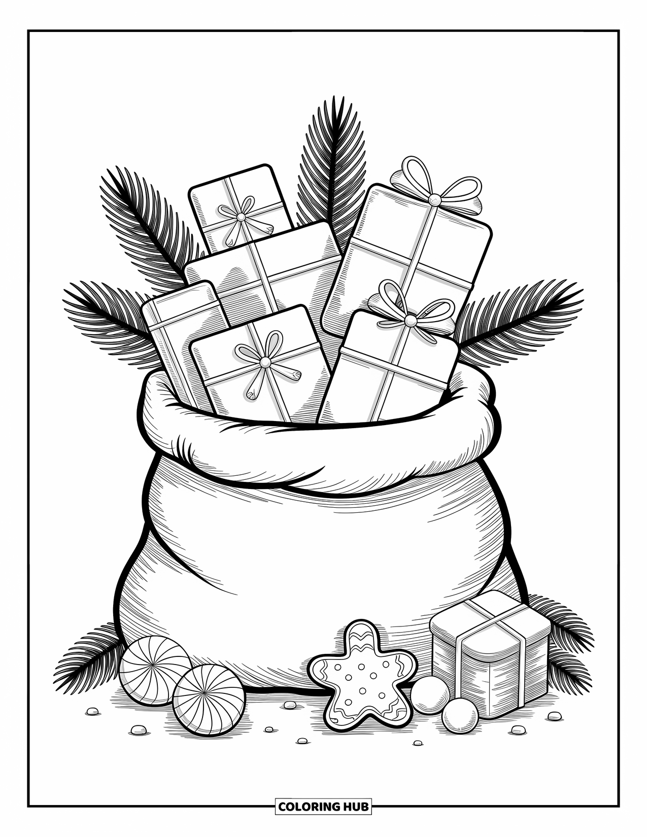 Christmas Presents Coloring Page for Adults: A gift sack overflows with presents, candies, cookies, and pine sprigs