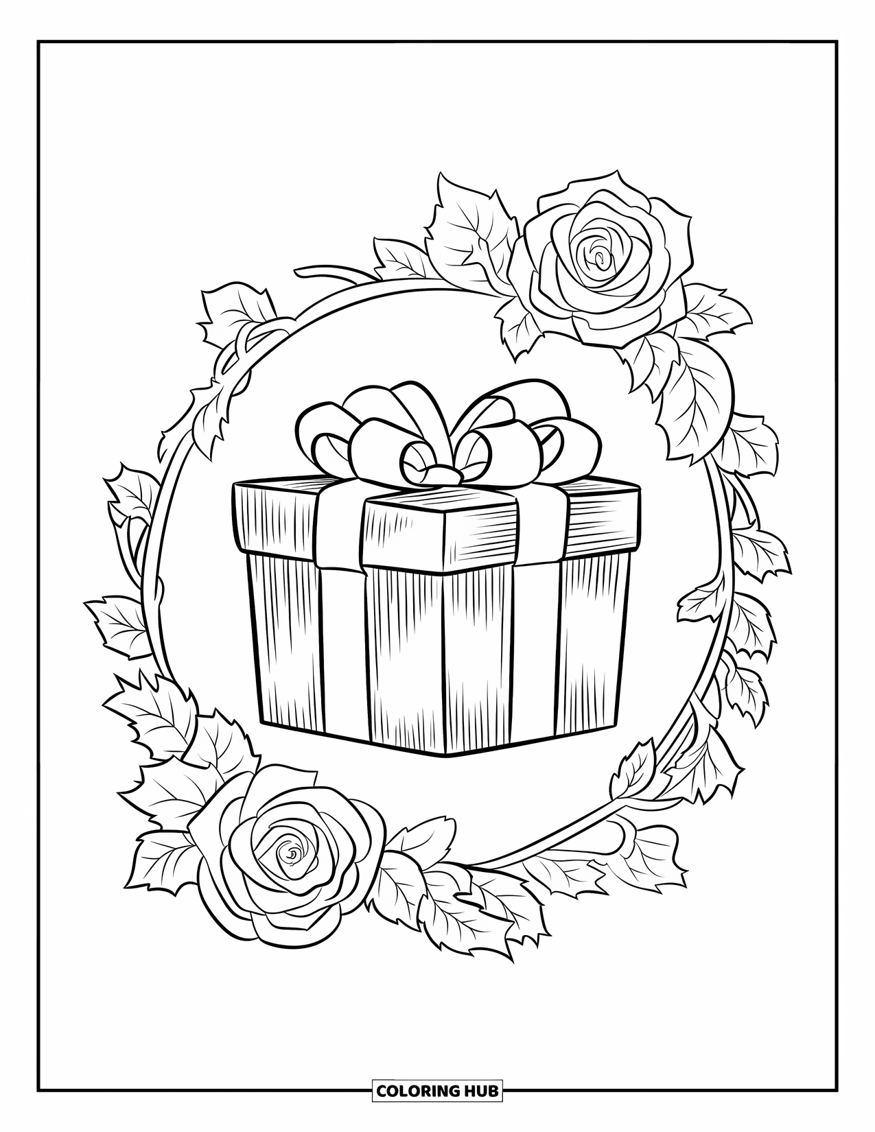 Christmas Presents Coloring Page for Adults: A gift wrapped in ribbons surrounded by a border of roses and ivy