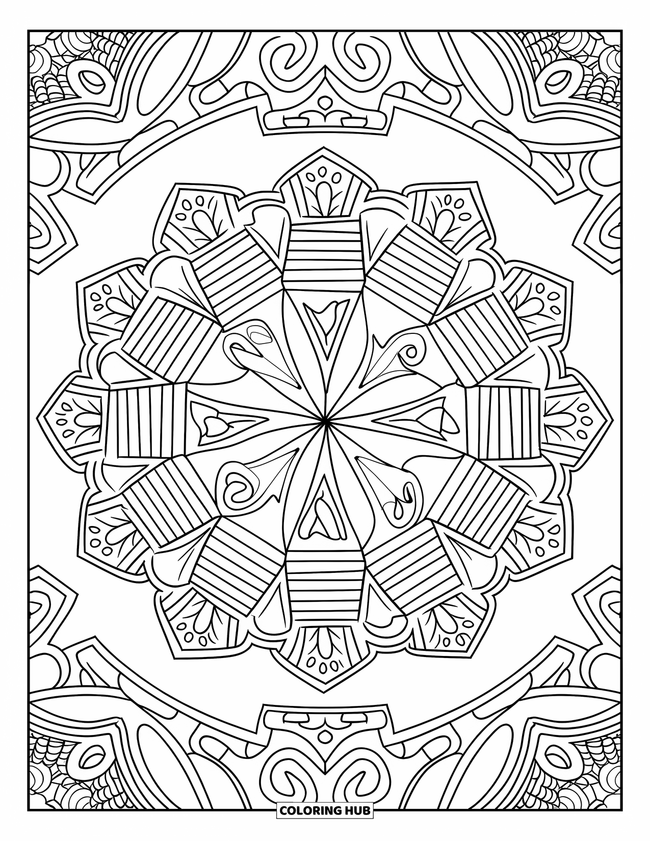 Christmas Presents Coloring Page for Adults: A mandala of gift boxes with ornate patterns and flowing shapes