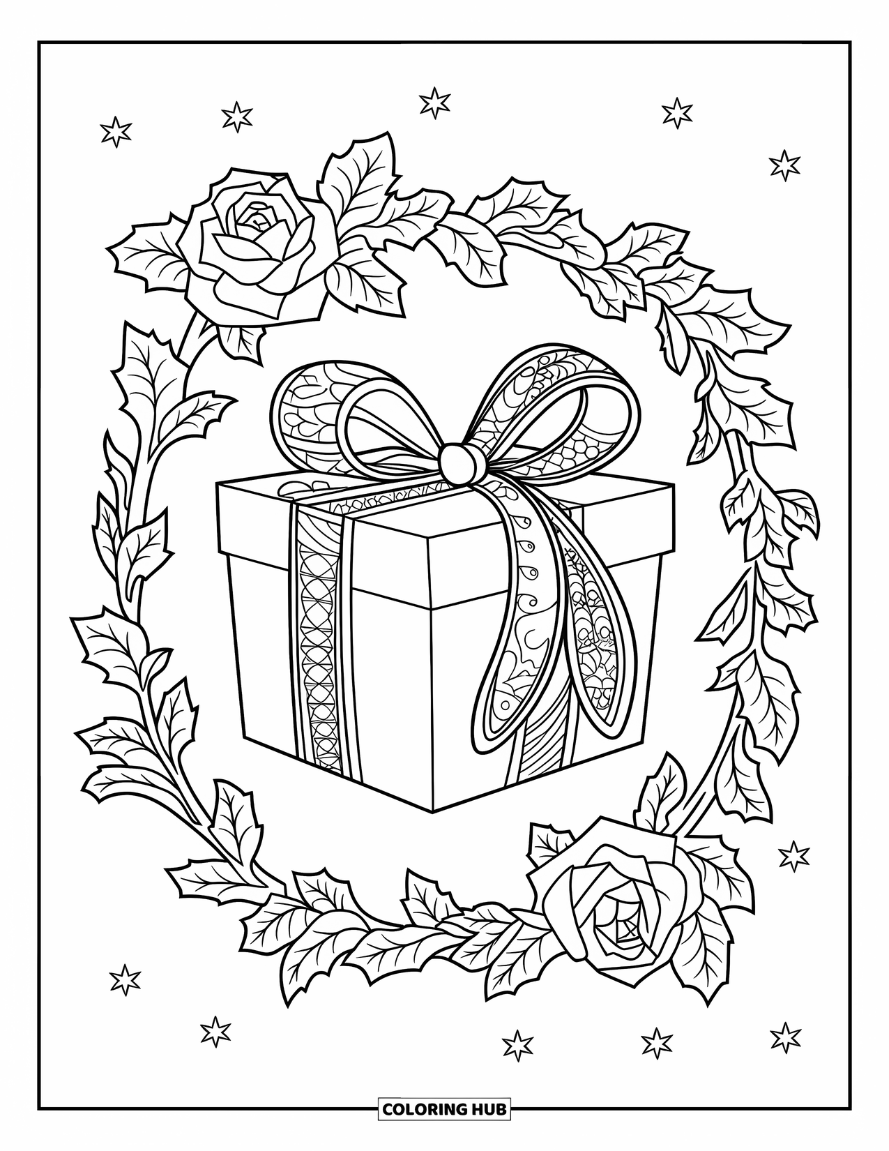 Christmas Presents Coloring Page for Adults: A patterned bow-tied gift framed by ivy, roses, and shining stars