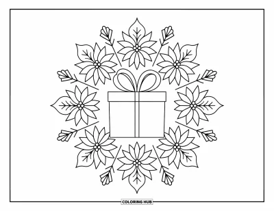 Julegavetegning til voksne: En gave i midten af en snefnug- og julestjerne-mandala