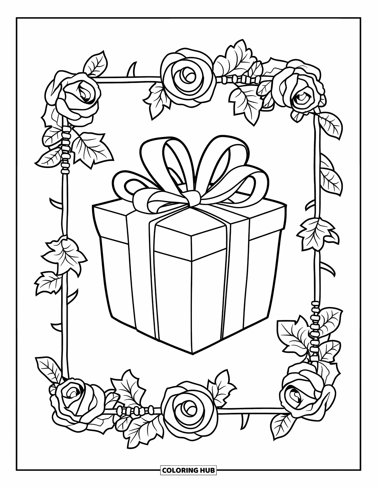 Christmas Presents Coloring Page for Adults: A present with ribbons framed by roses and ivy on a white background