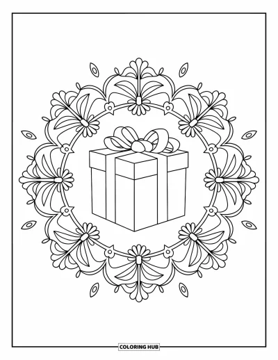 Julegavetegning til voksne: En gave med bånd indrammet af en blomstret mandala med blade og blomster