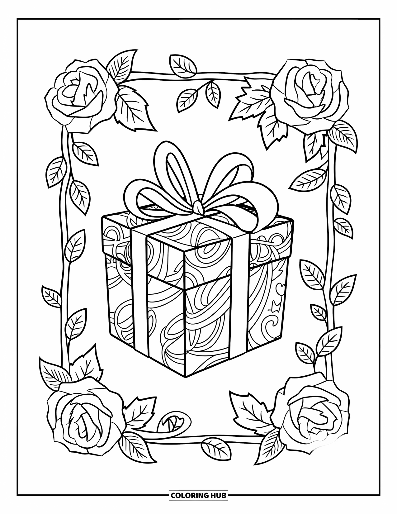 Christmas Presents Coloring Page for Adults: A ribboned gift framed by detailed roses and ivy leaves