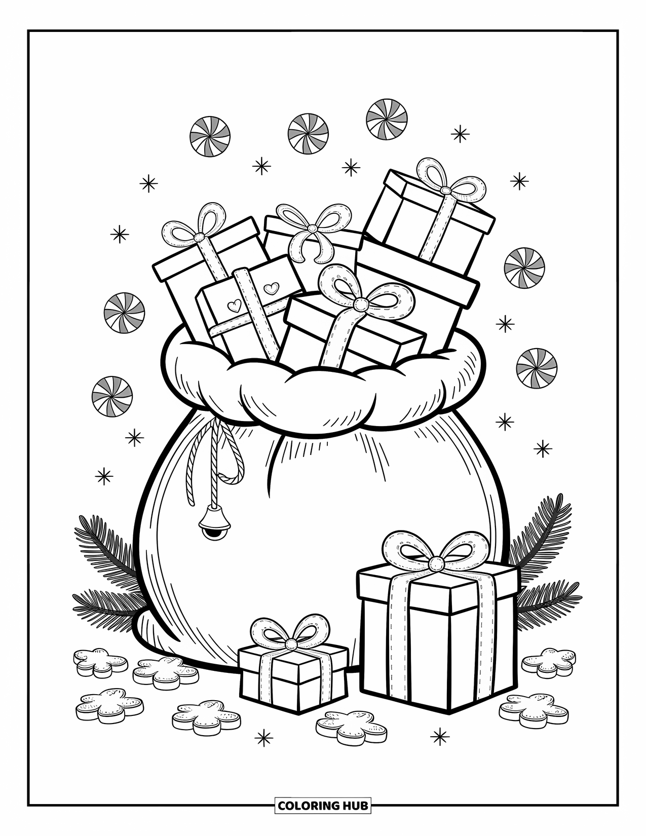 Christmas Presents Coloring Page for Adults: A sack brimming with presents and candy canes rests among pine branches