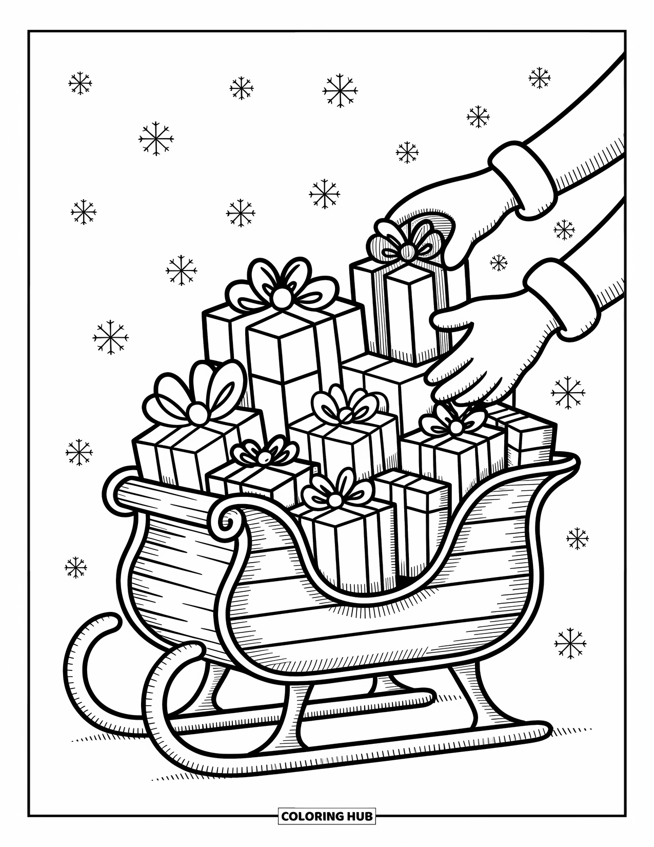 Christmas Presents Coloring Page for Adults: A sleigh brims with colorful presents as gentle snowflakes fall around