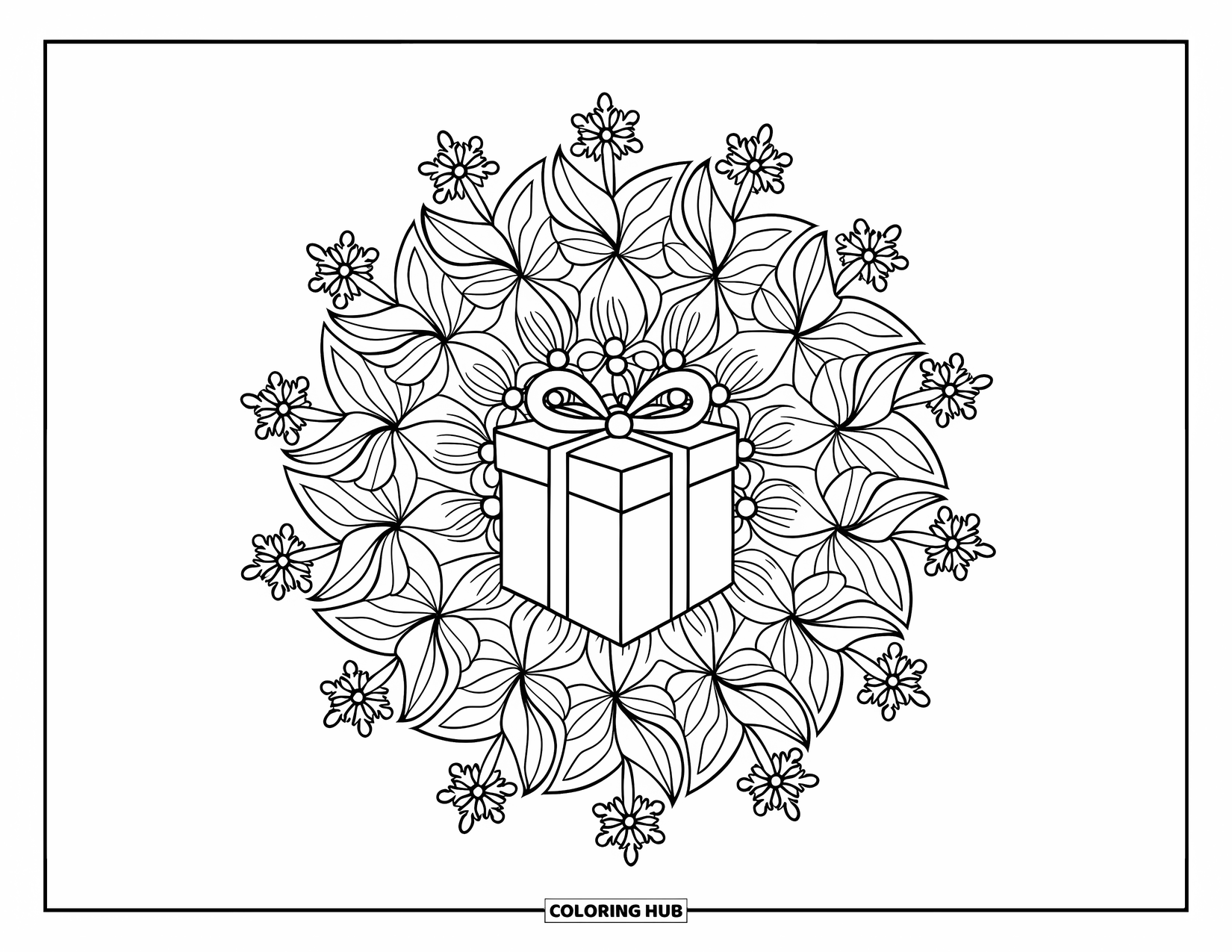 Christmas Presents Coloring Page for Adults: A wrapped gift surrounded by a detailed snowflake and poinsettia mandala