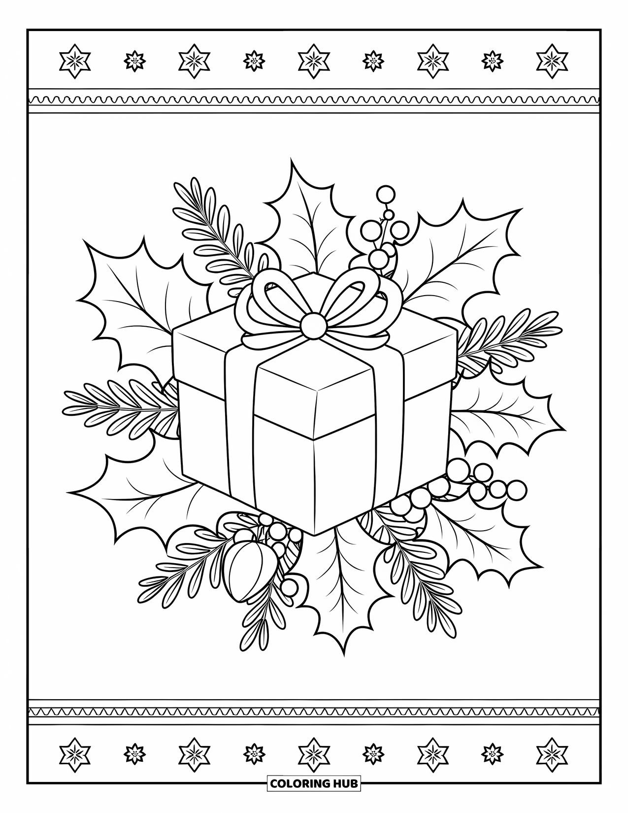 Christmas Presents Coloring Page for Adults: A wrapped gift surrounded by holly, berries, and pinecones by a wall