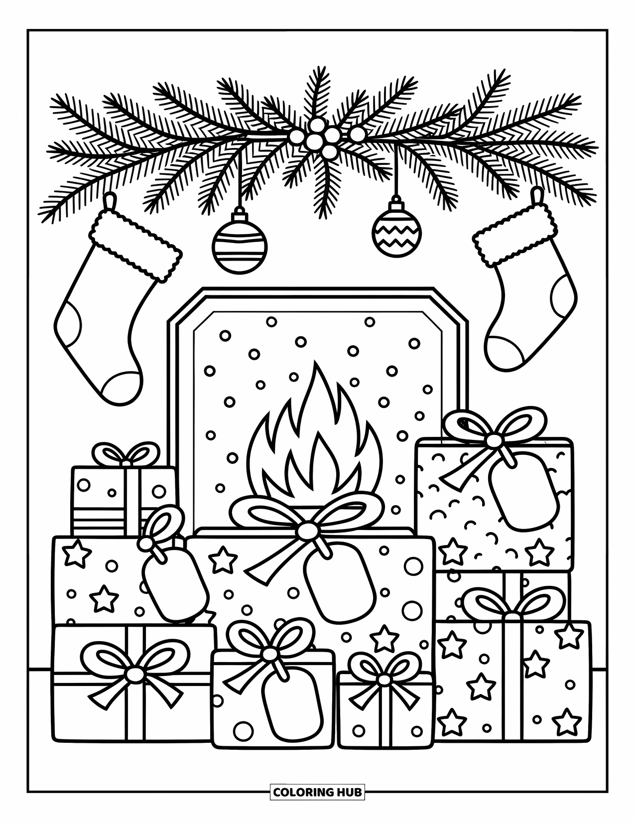 Christmas Presents Coloring Page for Adults: Gifts and stockings glow before a fireplace as snow falls gently outside