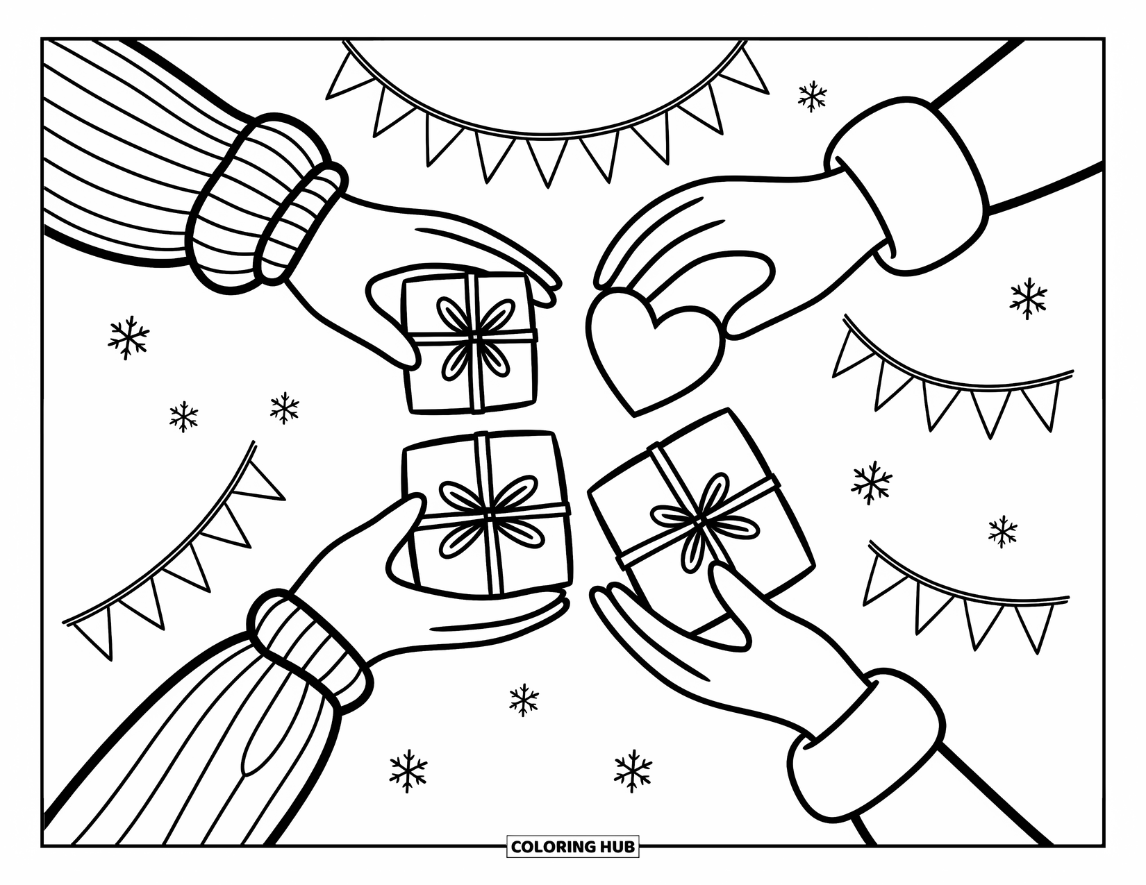 Christmas Presents Coloring Page for Adults: Gloved and sweatered hands share three cute presents under softly falling snow