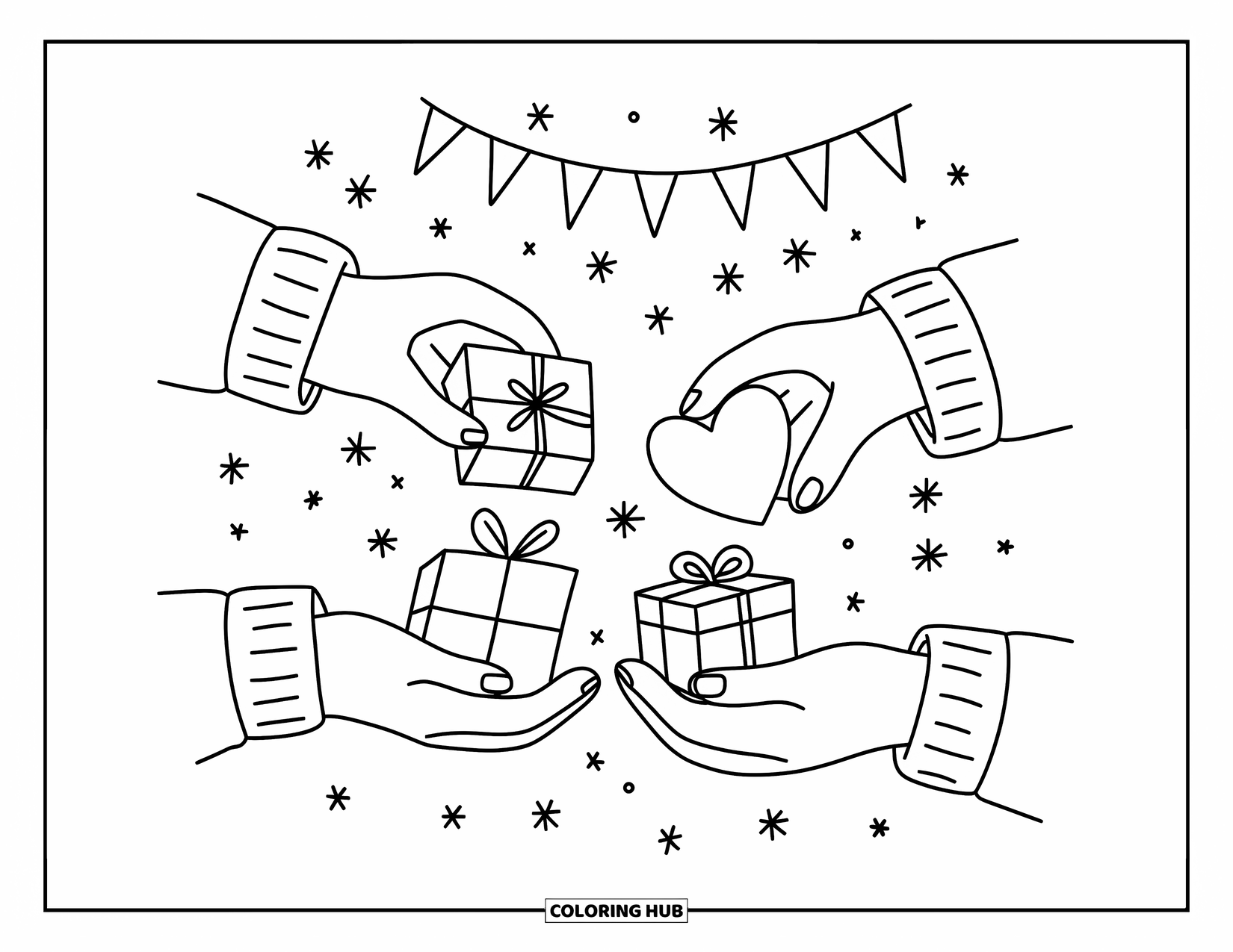 Christmas Presents Coloring Page for Adults: Hands in gloves and sweaters exchange adorable gifts under a gentle snowfall