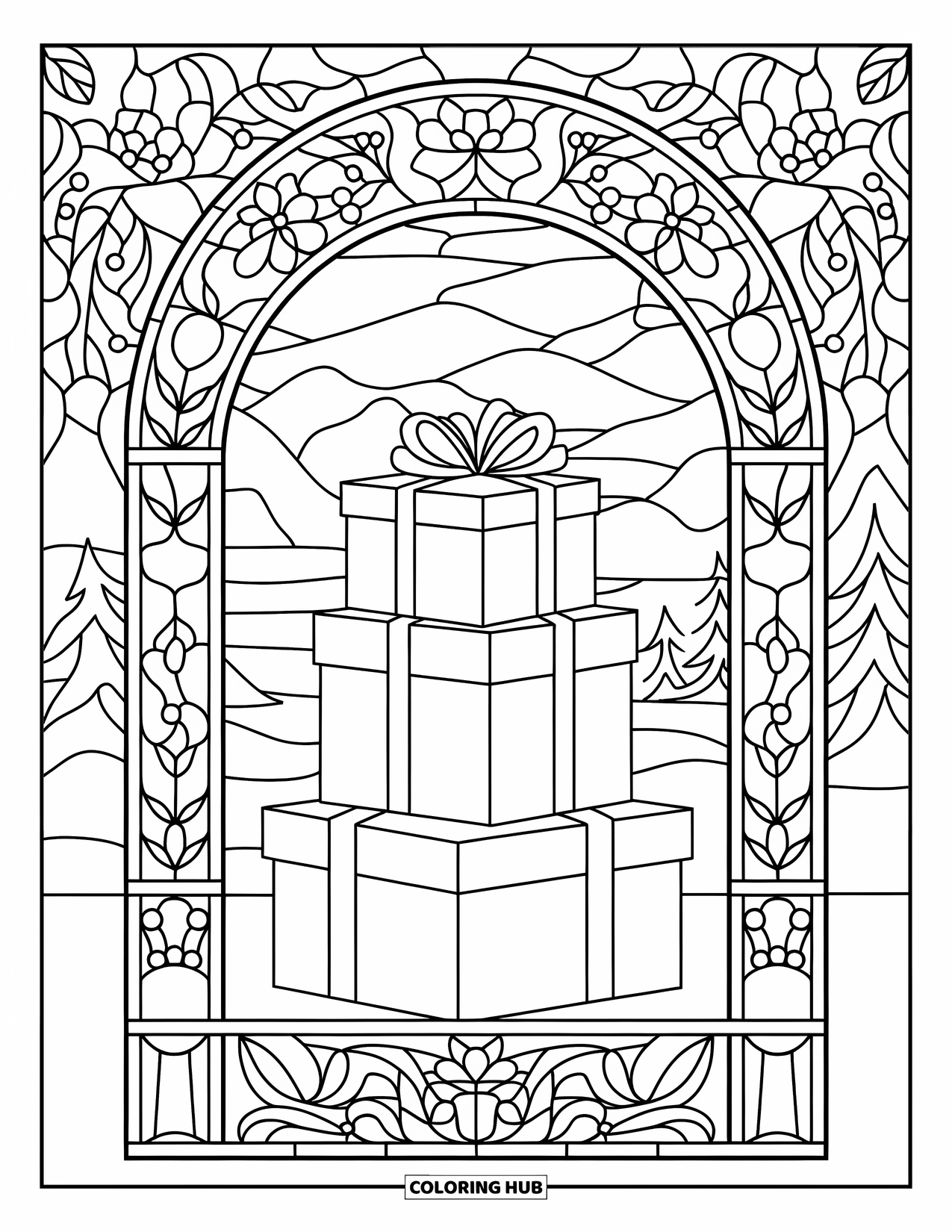 Christmas Presents Coloring Page for Adults: Three gifts rest in a floral stained glass arch above a calm landscape
