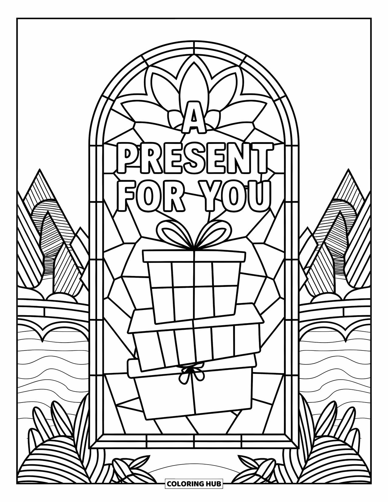 Christmas Presents Coloring Page for Adults: Three stacked gifts in a stained glass arch reading "A Present for You"