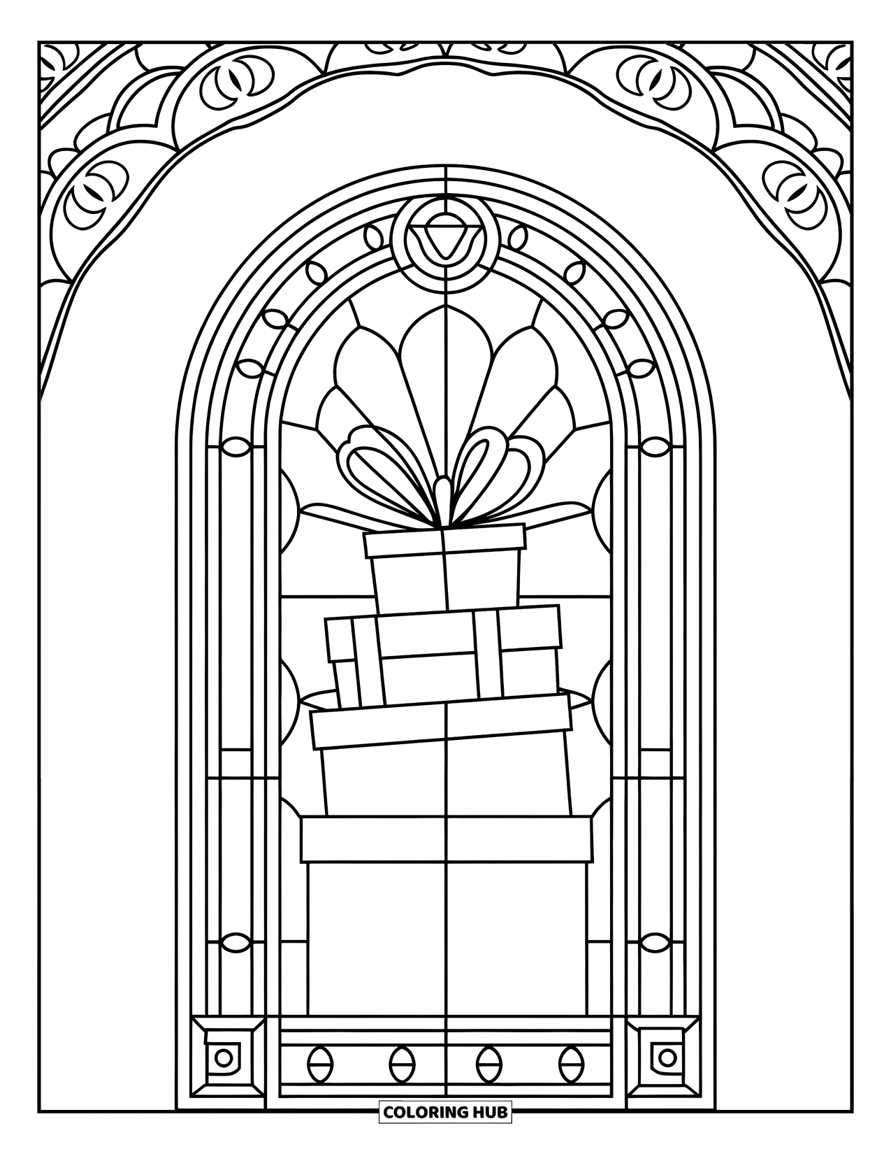 Christmas Presents Coloring Page for Adults: Three stacked presents inside a stained glass arch with intricate designs