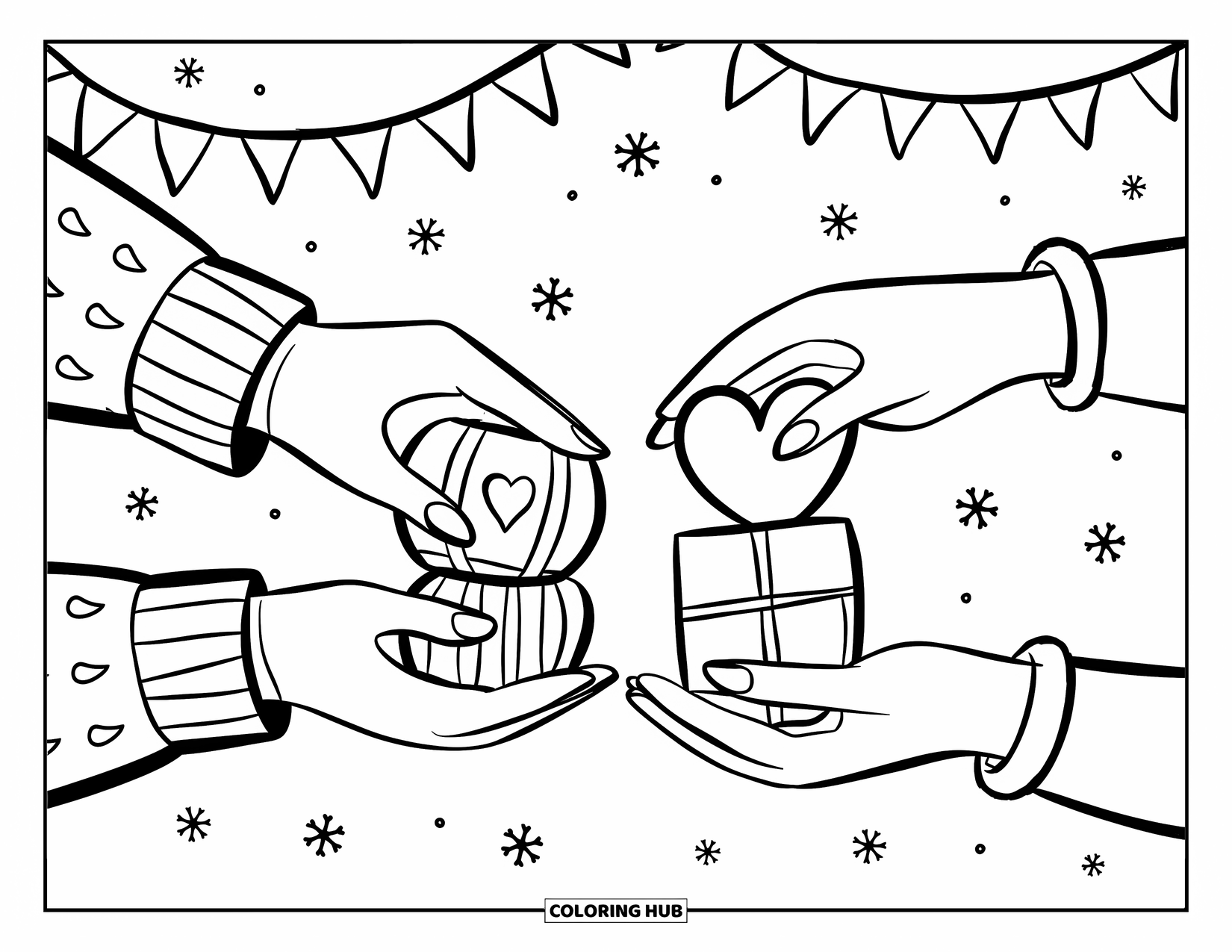 Christmas Presents Coloring Page for Adults: Warm hands trade heart, round, and square gifts beneath snowy garlands