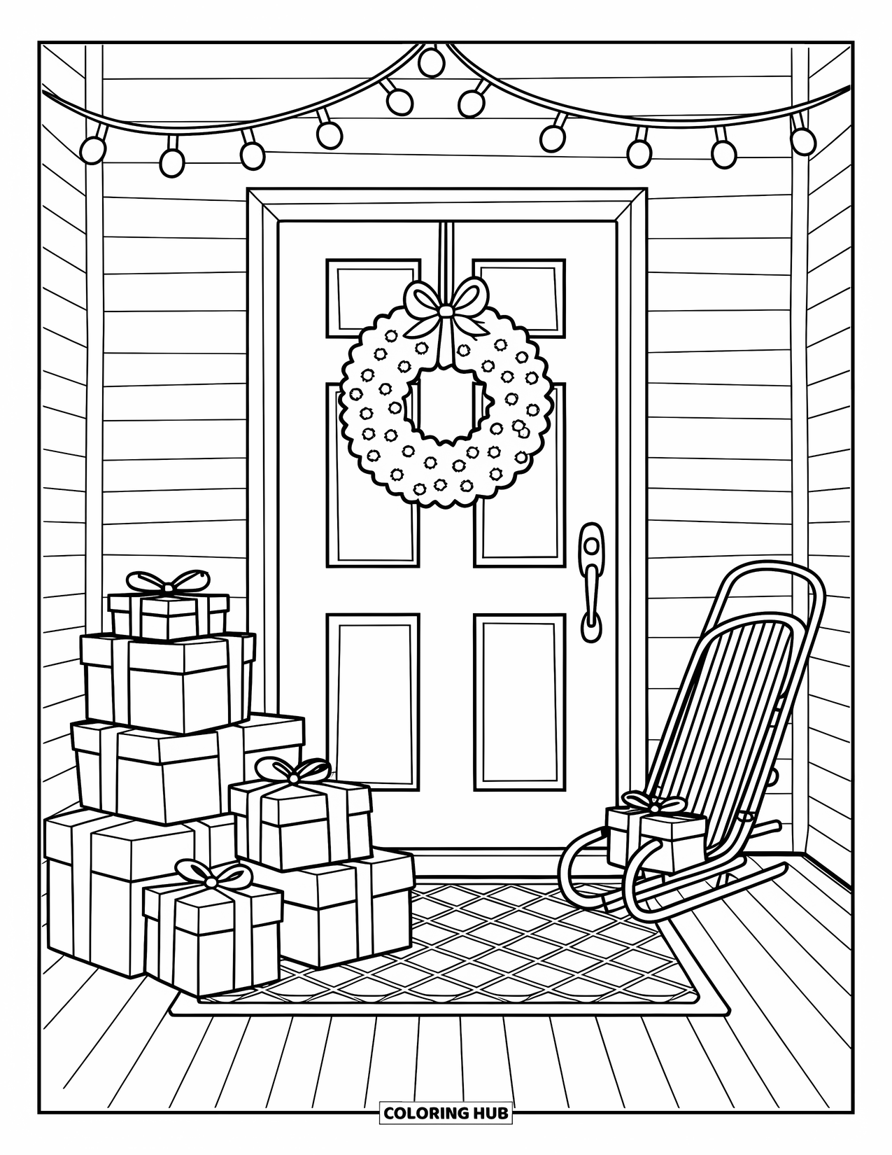 Christmas Presents Coloring Page for Adults: Wrapped gifts rest on a snowy porch with wreath, lights, and a small sled
