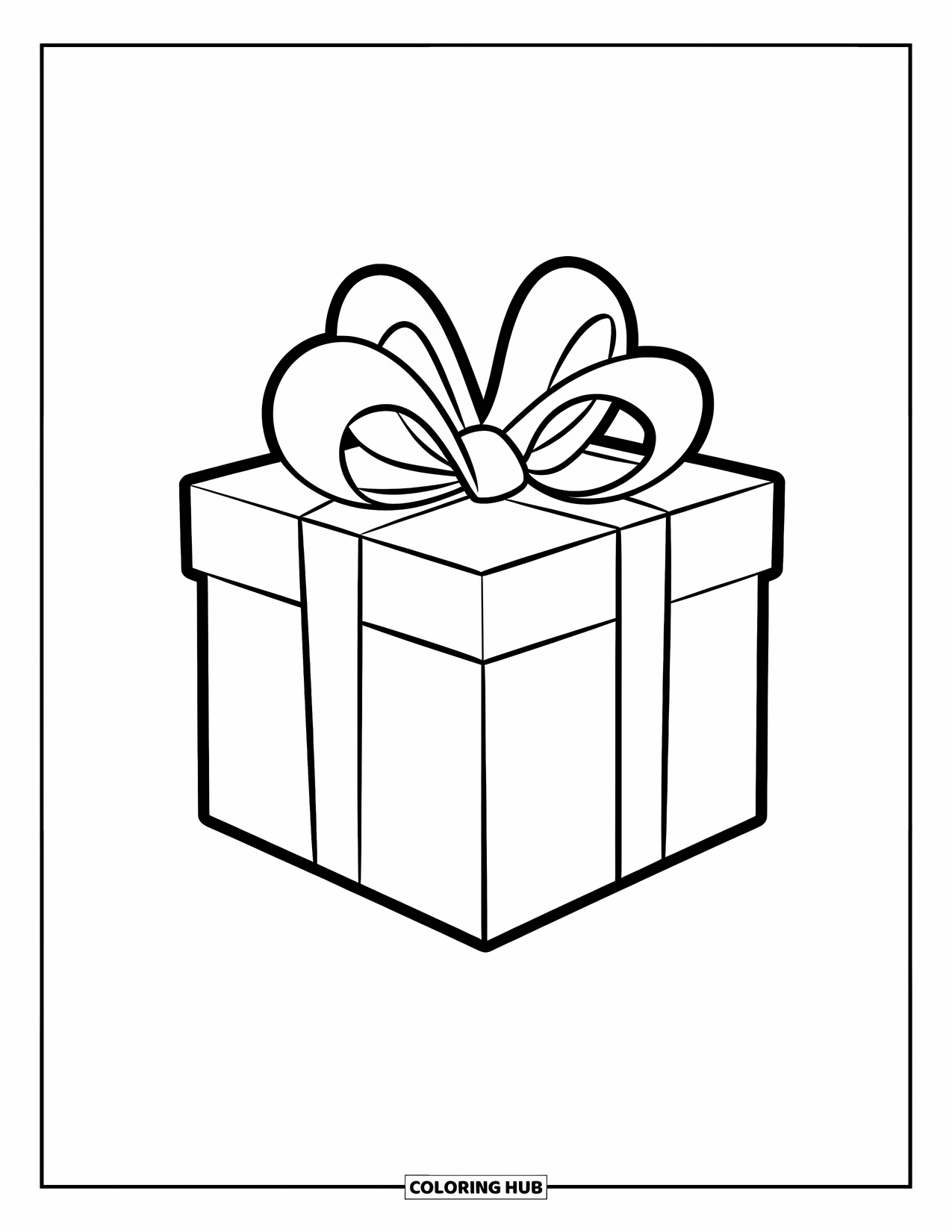 Christmas Presents Coloring Page for Kids: A big gift with a large bow sits proudly in the center