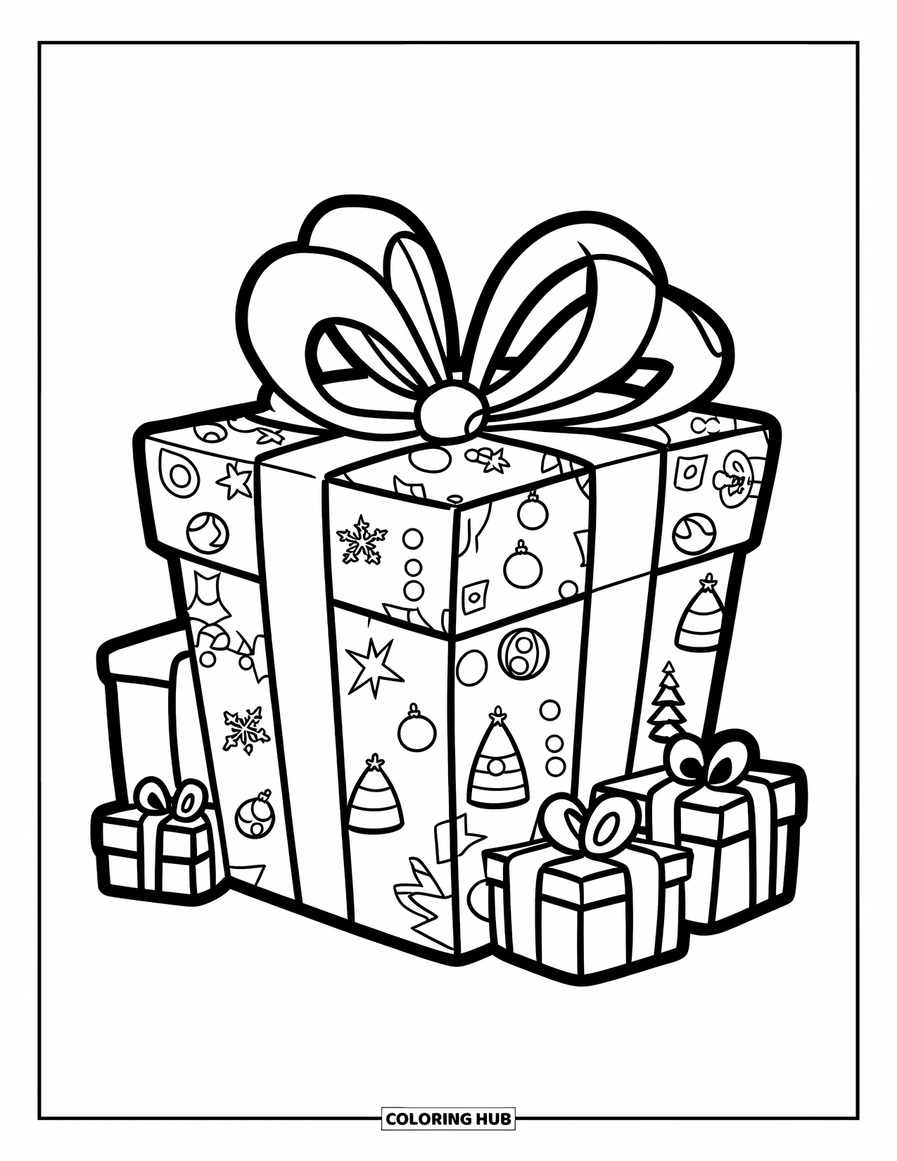 Christmas Presents Coloring Page for Kids: A big gift with a shiny ribbon surrounded by tiny presents