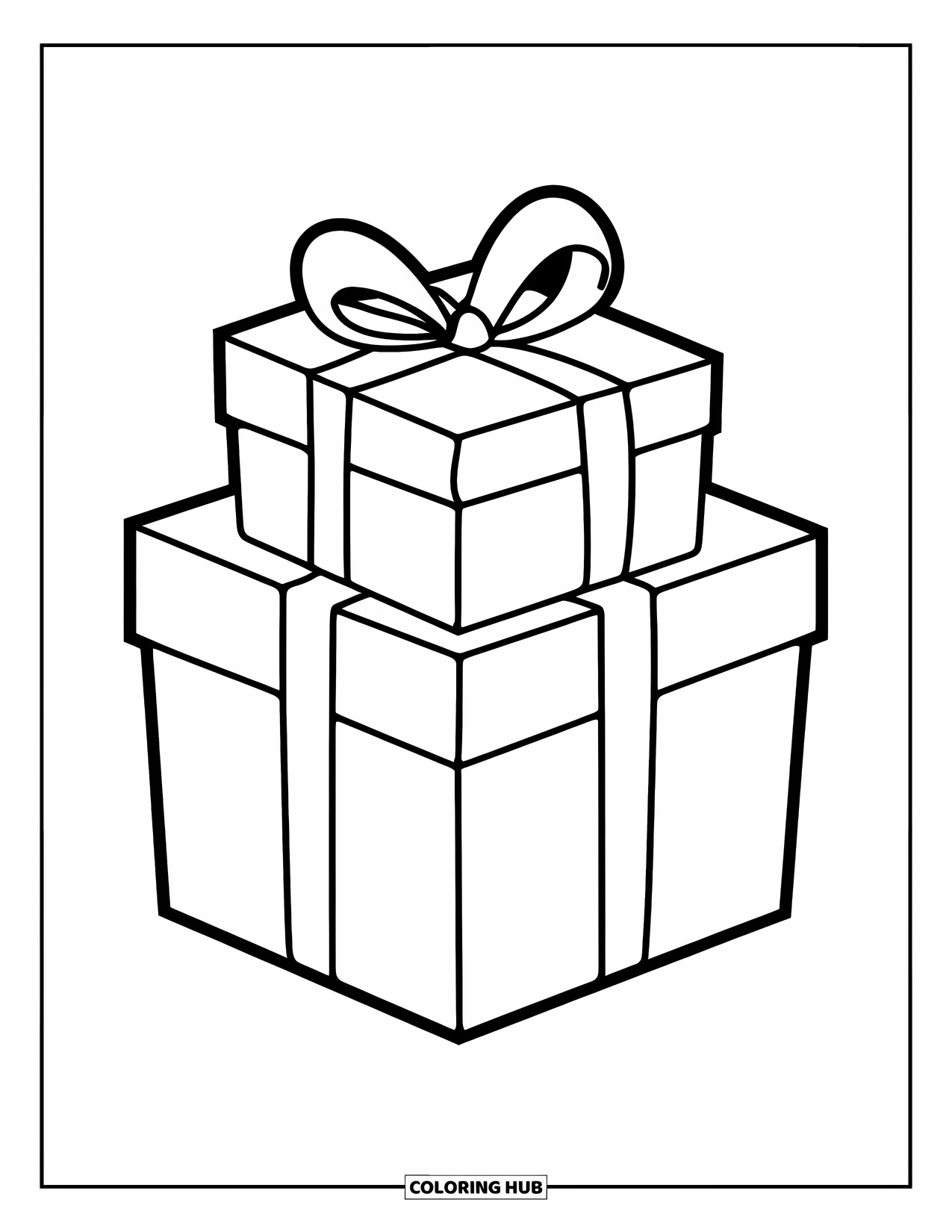 Christmas Presents Coloring Page for Kids: A bright stack of two presents with simple wrapping and bold ribbons