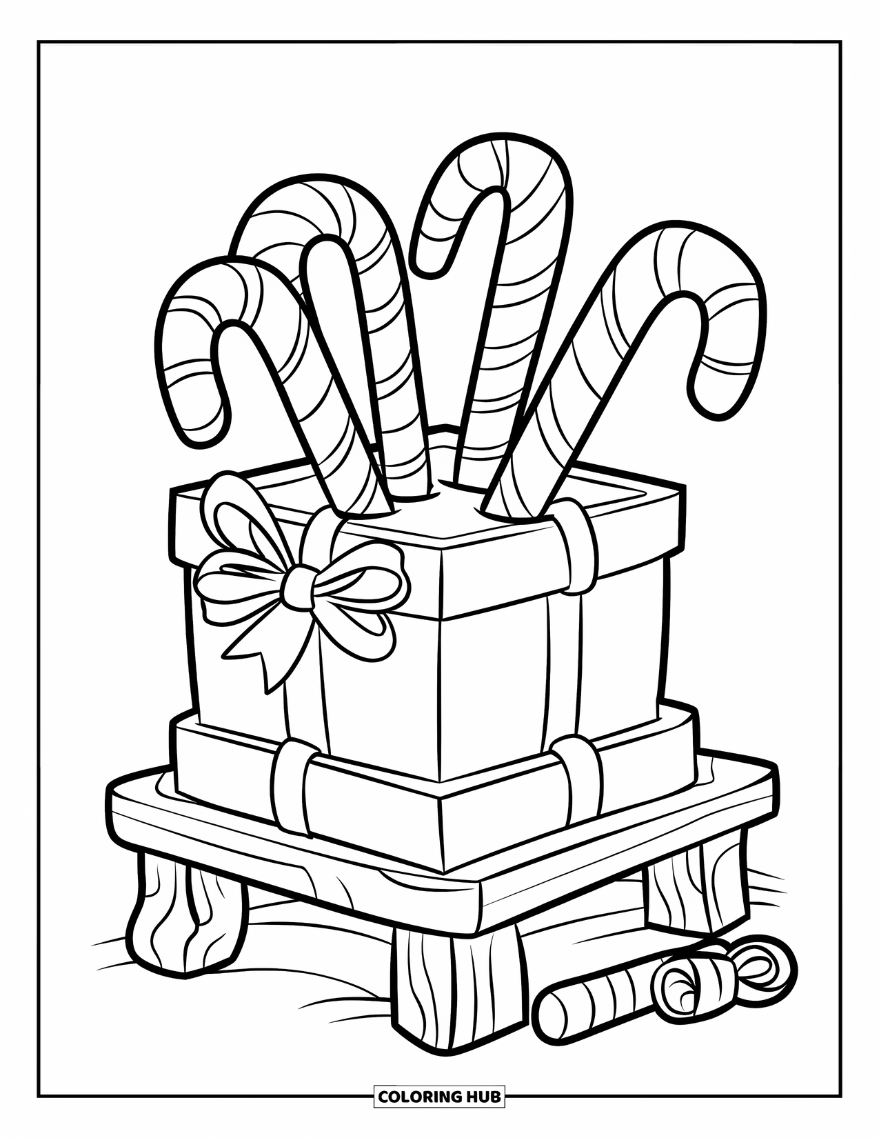 Christmas Presents Coloring Page for Kids: A cheerful box of candy canes tied with ribbons on a wooden stand