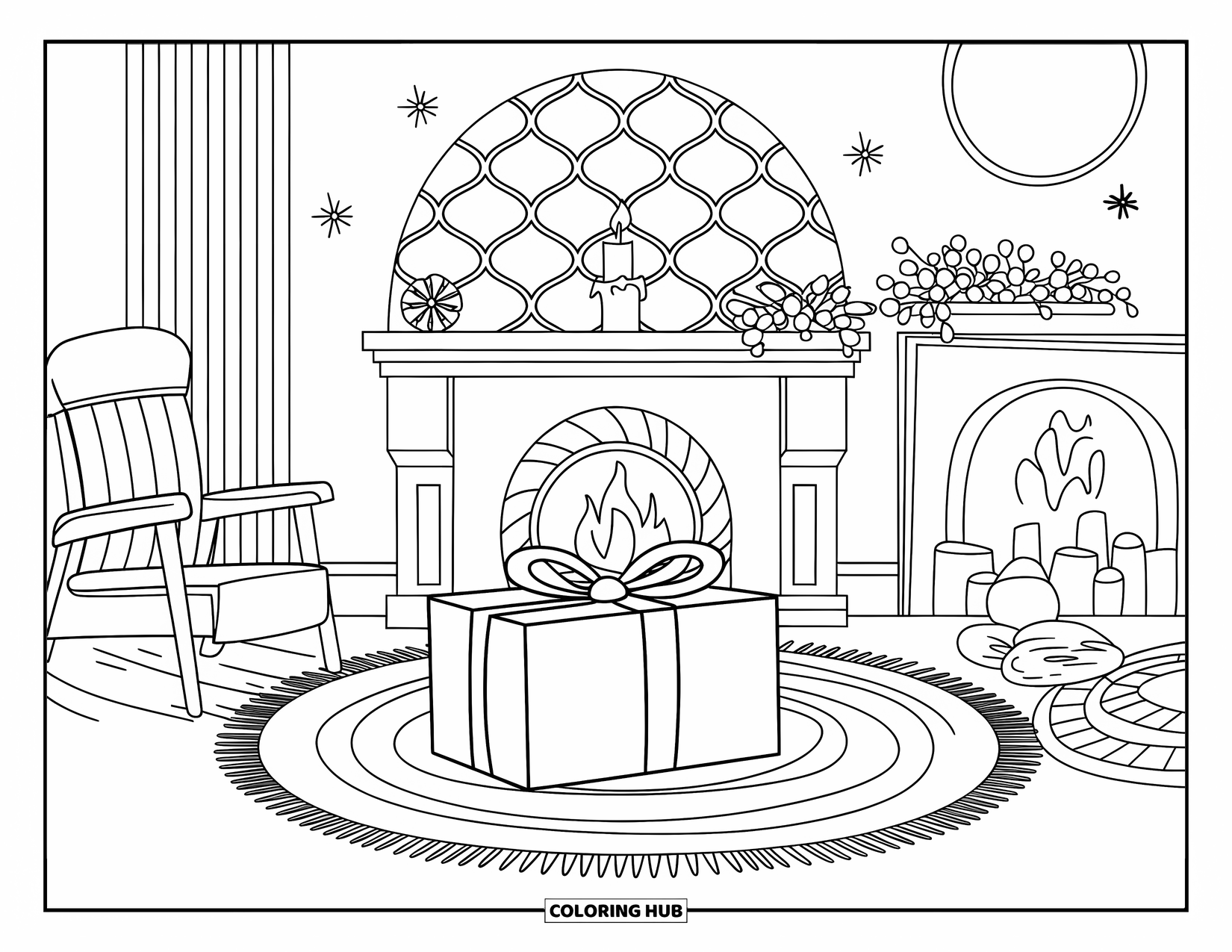 Christmas Presents Coloring Page for Kids: A cozy corner with a fireplace, a chair, and a big wrapped gift