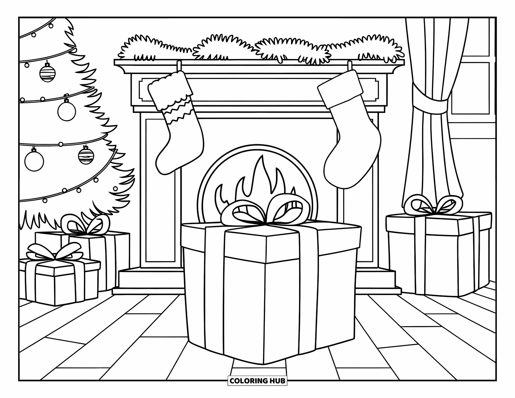 Christmas Presents Coloring Page for Kids: A cozy room with a fireplace and a large gift waiting by the fire