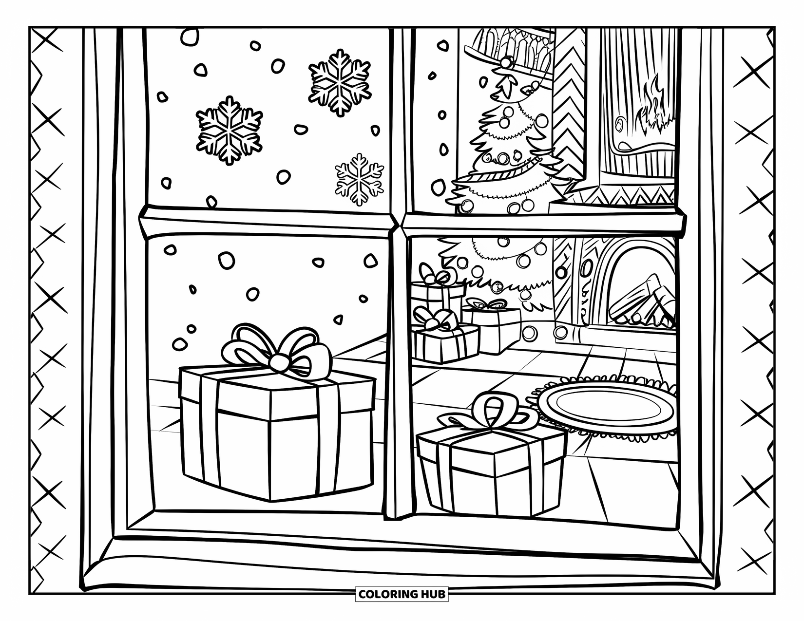 Christmas Presents Coloring Page for Kids: A cozy room with a window, fireplace, and gifts beneath the falling snow