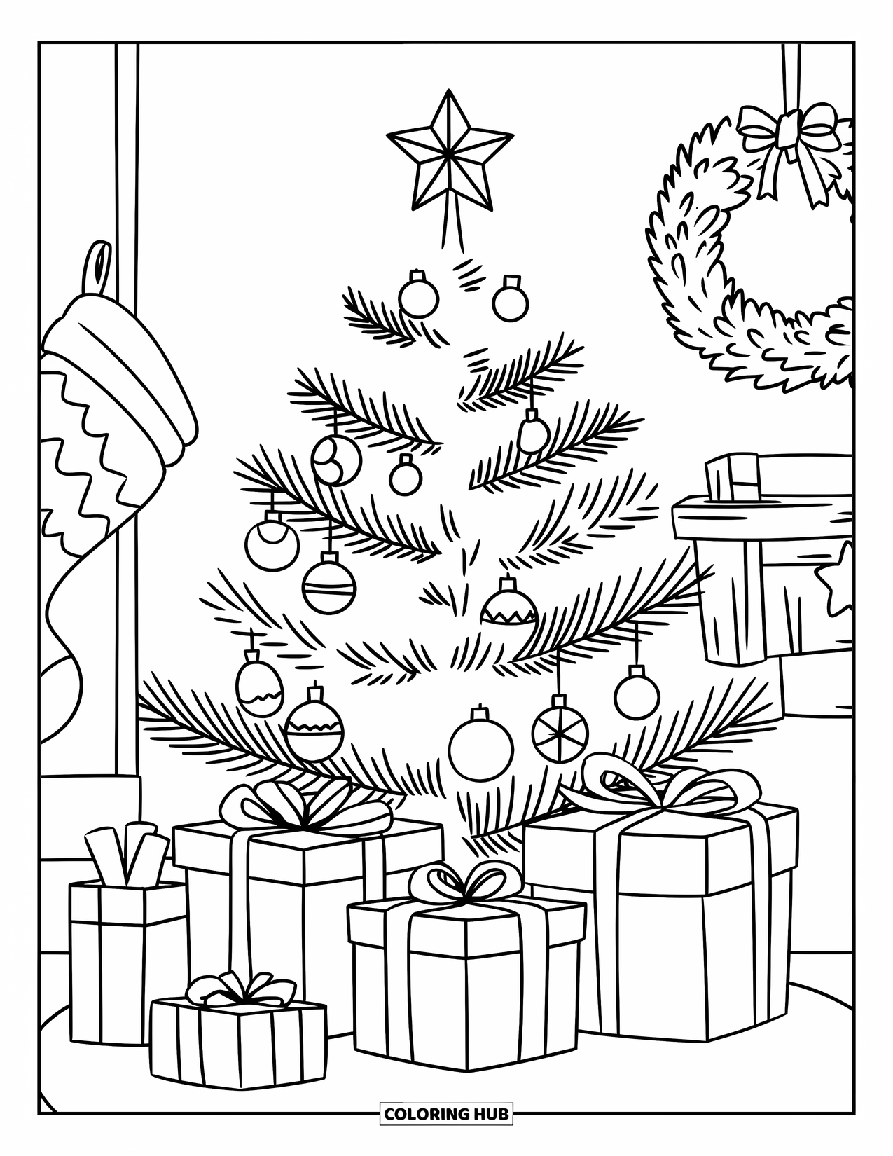 Christmas Presents Coloring Page for Kids: A festive tree surrounded by presents, a stocking, and a bright wreath