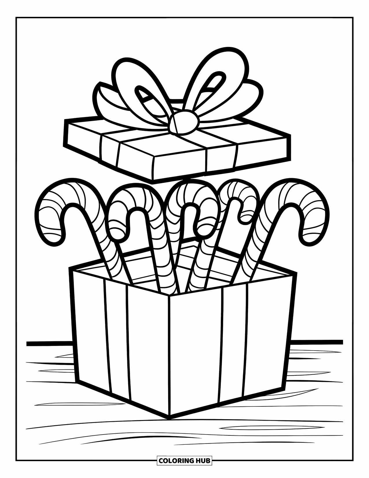 Christmas Presents Coloring Page for Kids: A gift box filled with candy canes tied with a shiny ribbon