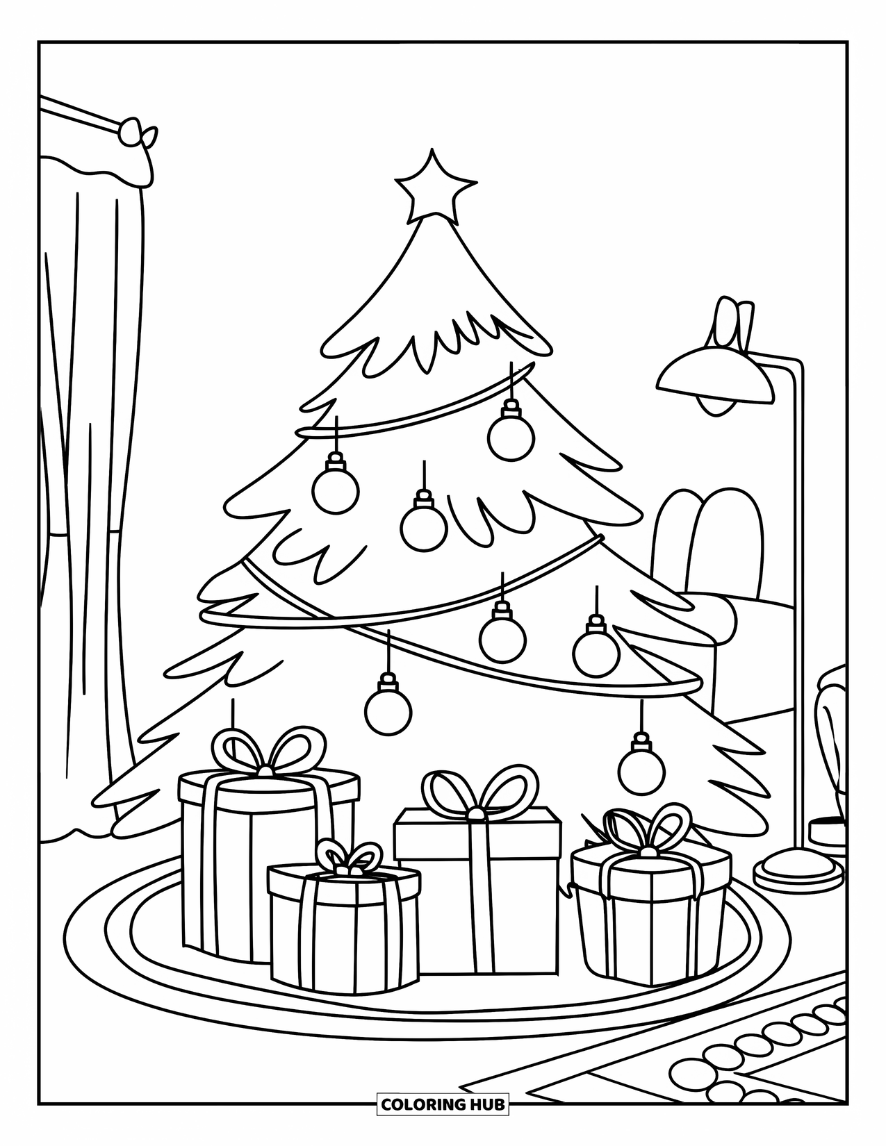 Christmas Presents Coloring Page for Kids: A glowing Christmas tree with presents beside a cozy chair and lamp