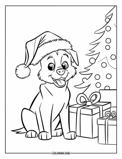 Julegavetegning til børn: En glad hund med julemandshue siddende ved en bunke gaver