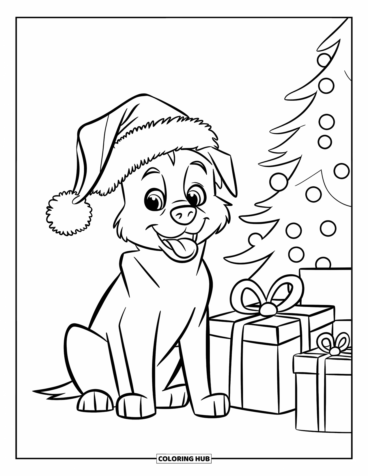 Christmas Presents Coloring Page for Kids: A happy dog in a Santa hat sitting beside a pile of gifts