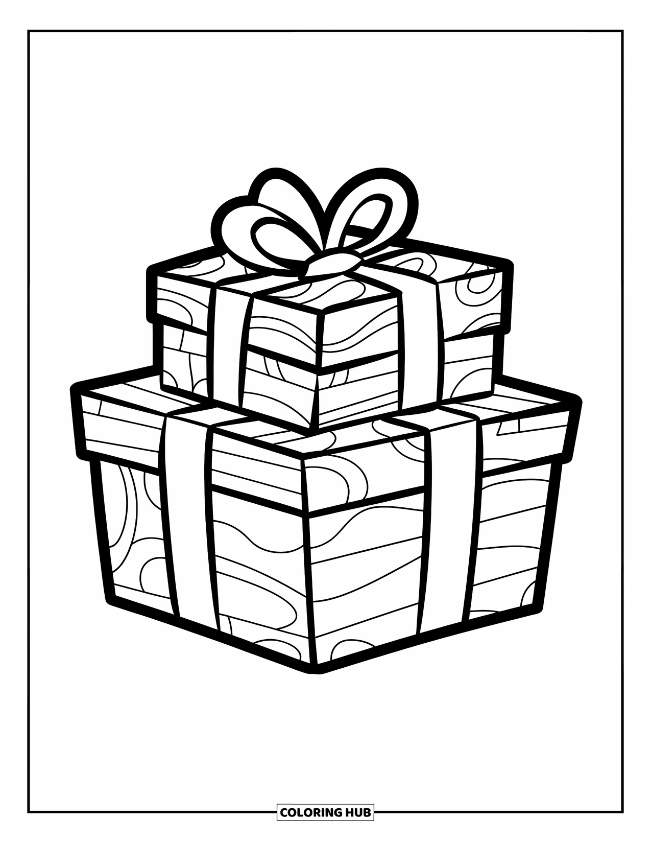Christmas Presents Coloring Page for Kids: A pair of big gifts stacked neatly, wrapped in cheerful paper and ribbons