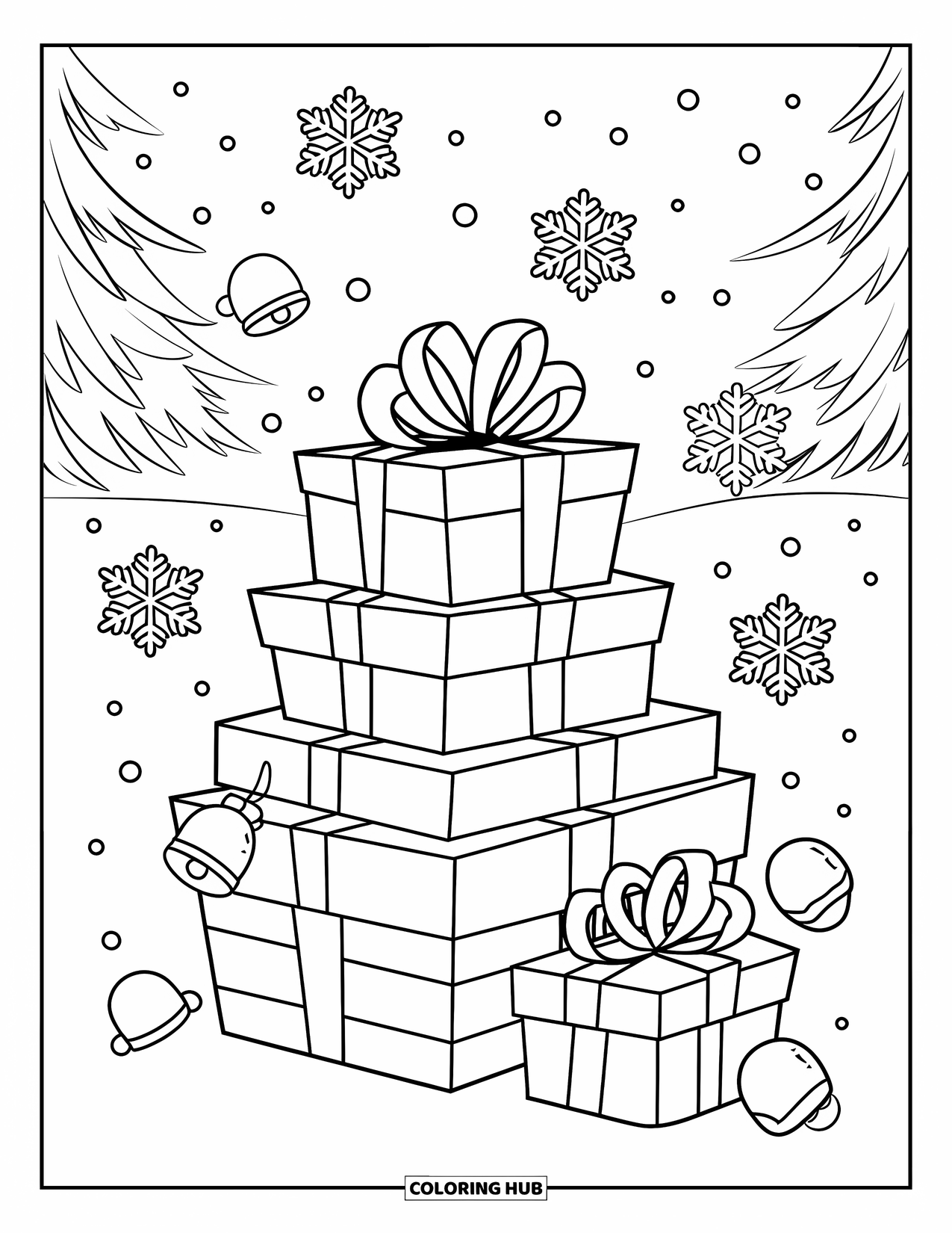 Christmas Presents Coloring Page for Kids: A pile of gifts surrounded by snowflakes and bells on a snowy day