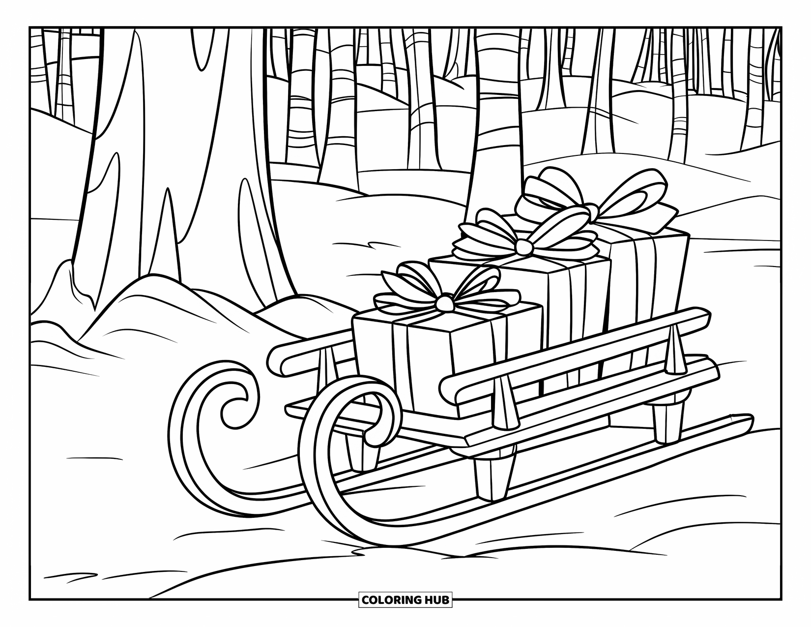 Christmas Presents Coloring Page for Kids: A sled filled with gifts rests quietly in a peaceful snowy forest