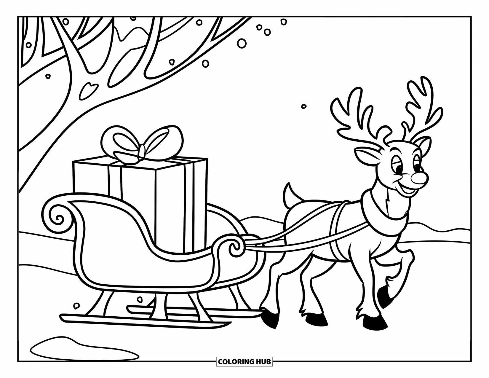 Christmas Presents Coloring Page for Kids: A sleigh pulled by a reindeer carries a big present through the snow