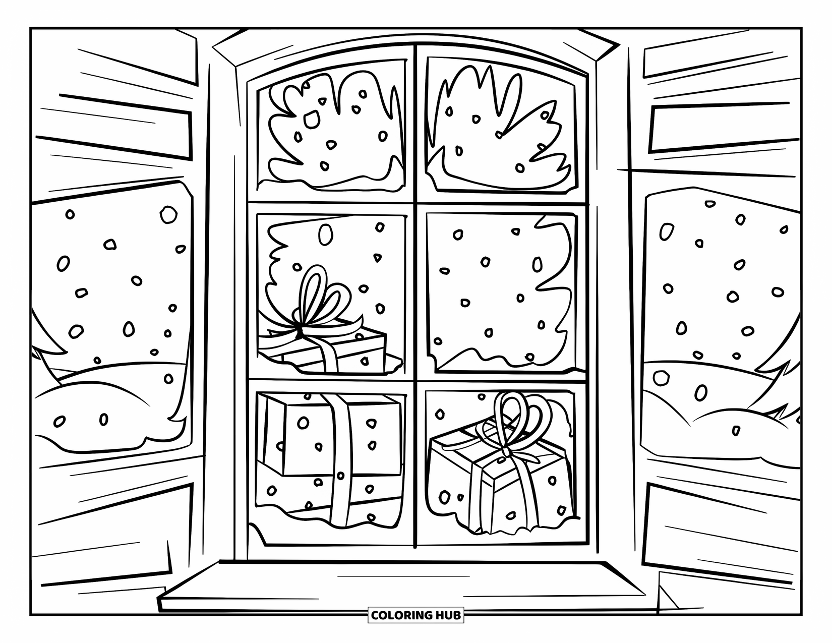 Christmas Presents Coloring Page for Kids: A snowy window scene showing gifts inside and snowflakes outside