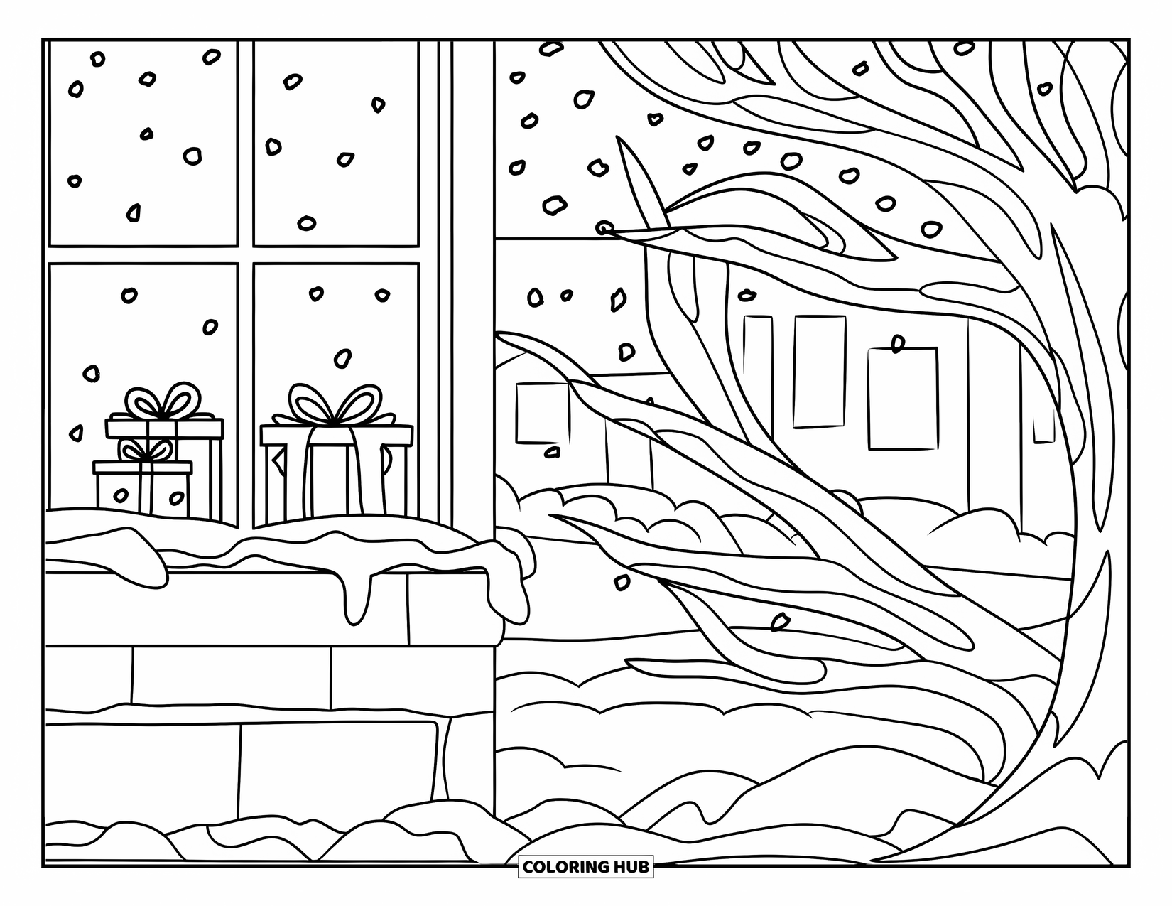 Christmas Presents Coloring Page for Kids: A snowy window view with gifts and trees blanketed in snow