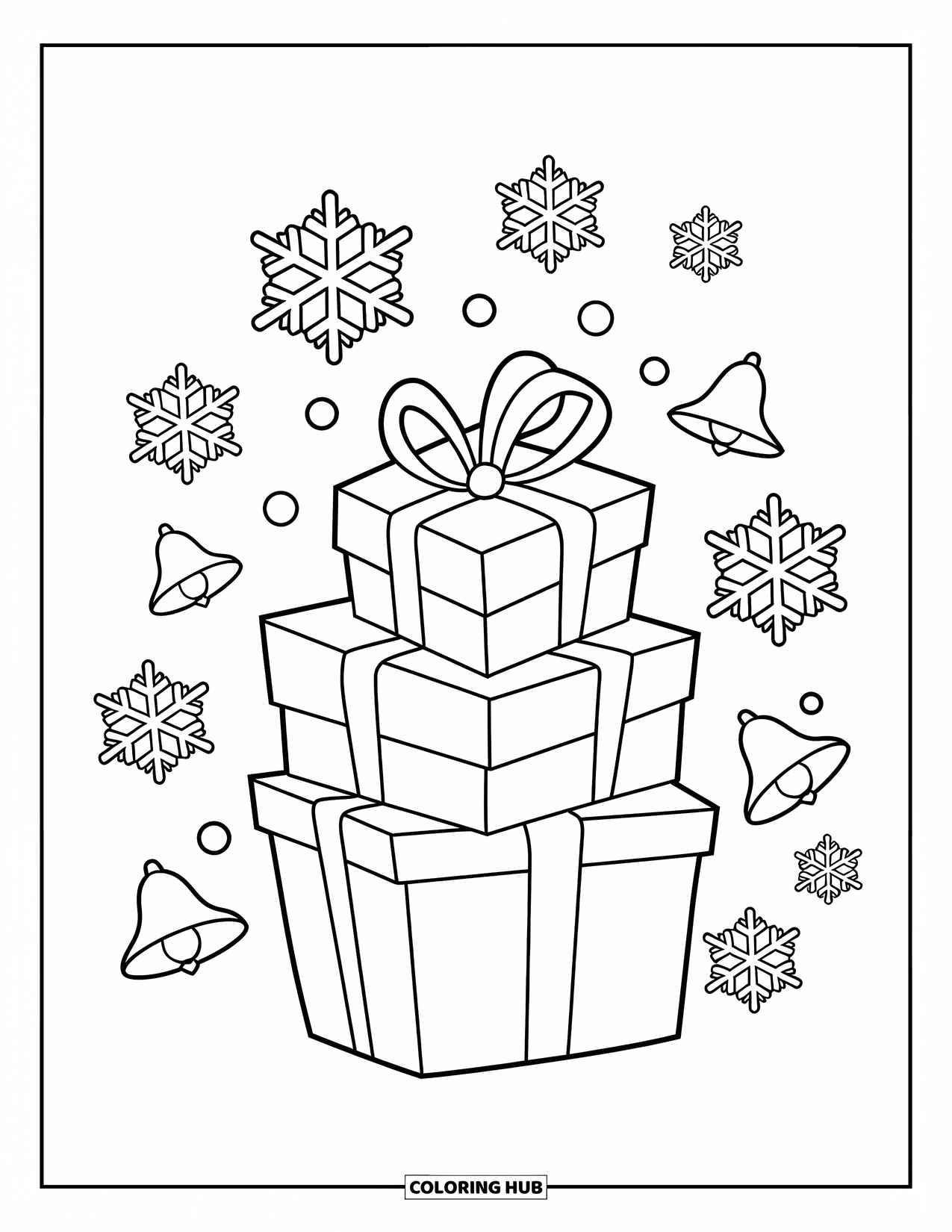 Christmas Presents Coloring Page for Kids: A stack of presents surrounded by falling snowflakes and cheerful bells