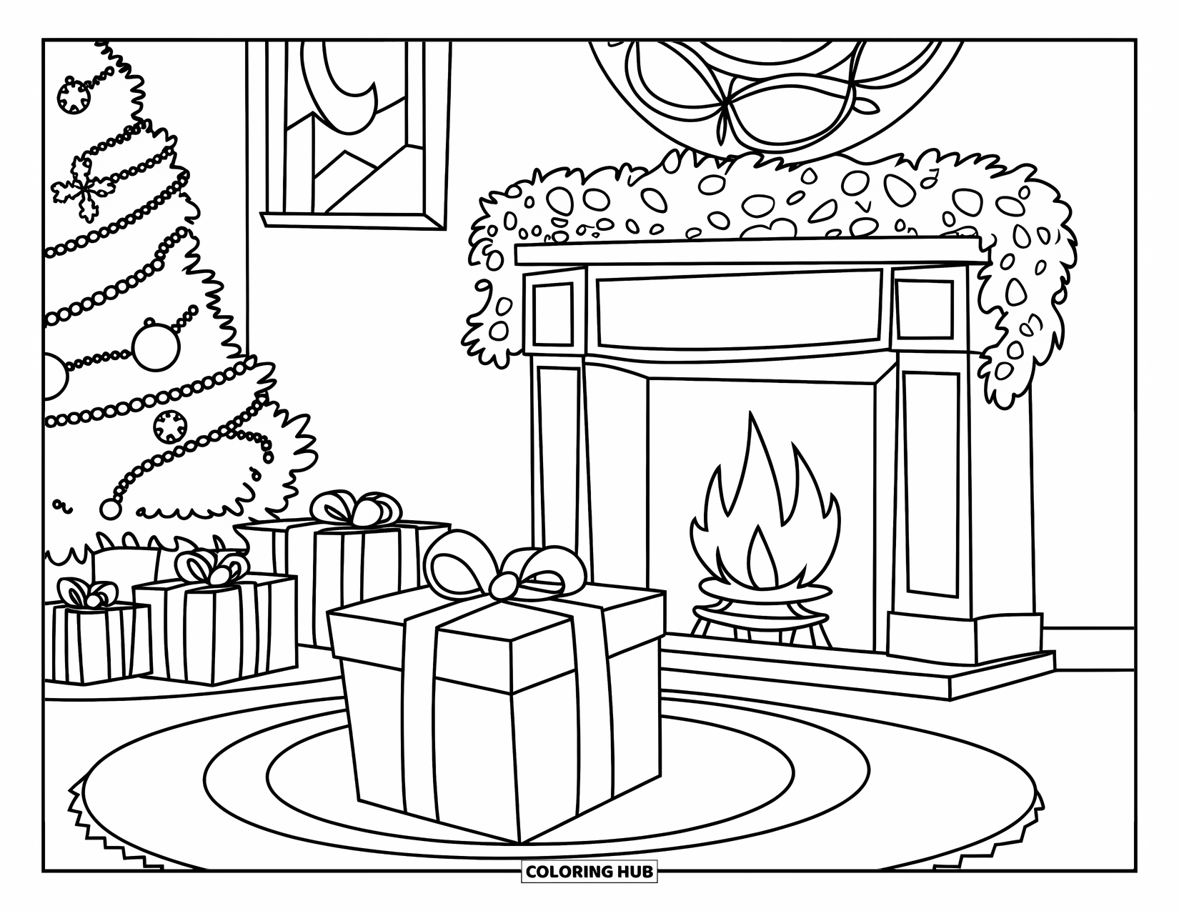 Christmas Presents Coloring Page for Kids: A warm living room with a fireplace, gifts, and Christmas decorations