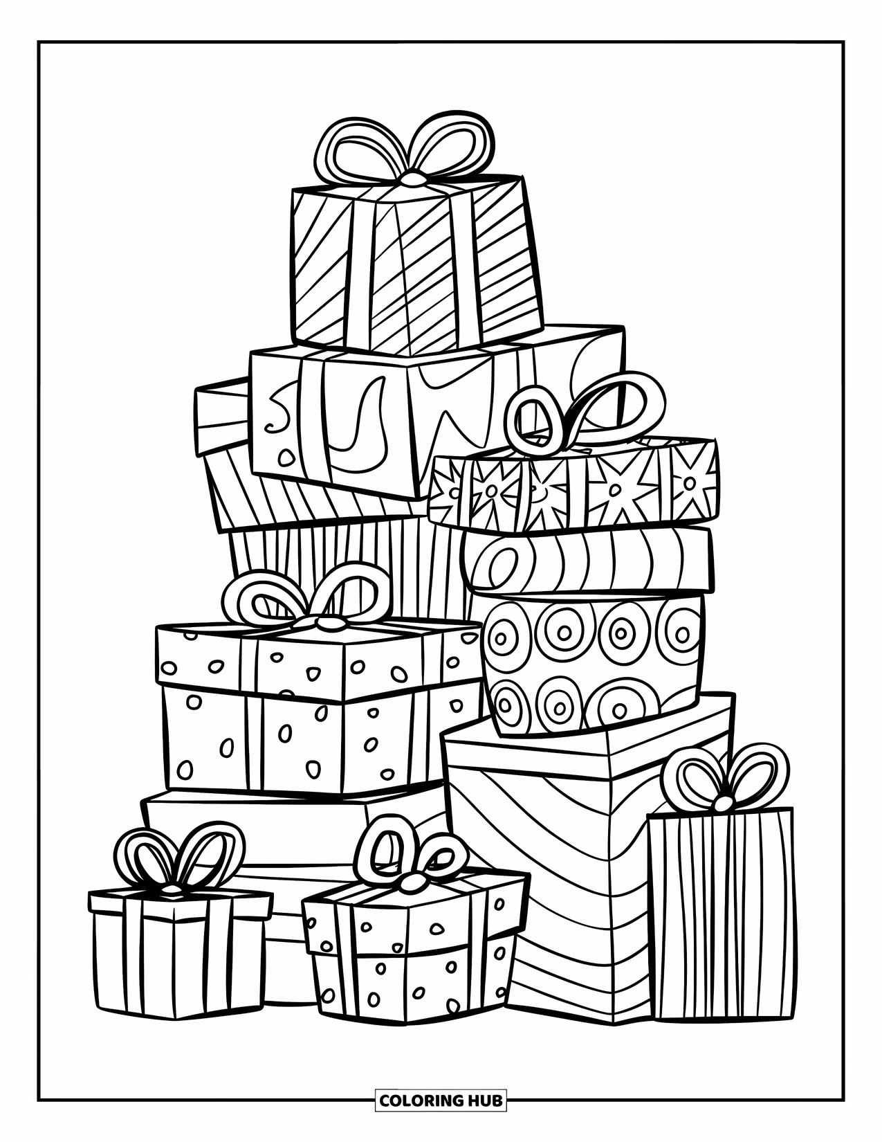Christmas Presents Coloring Page for Kids: Patterned presents piled high with ribbons in a modern, fun design