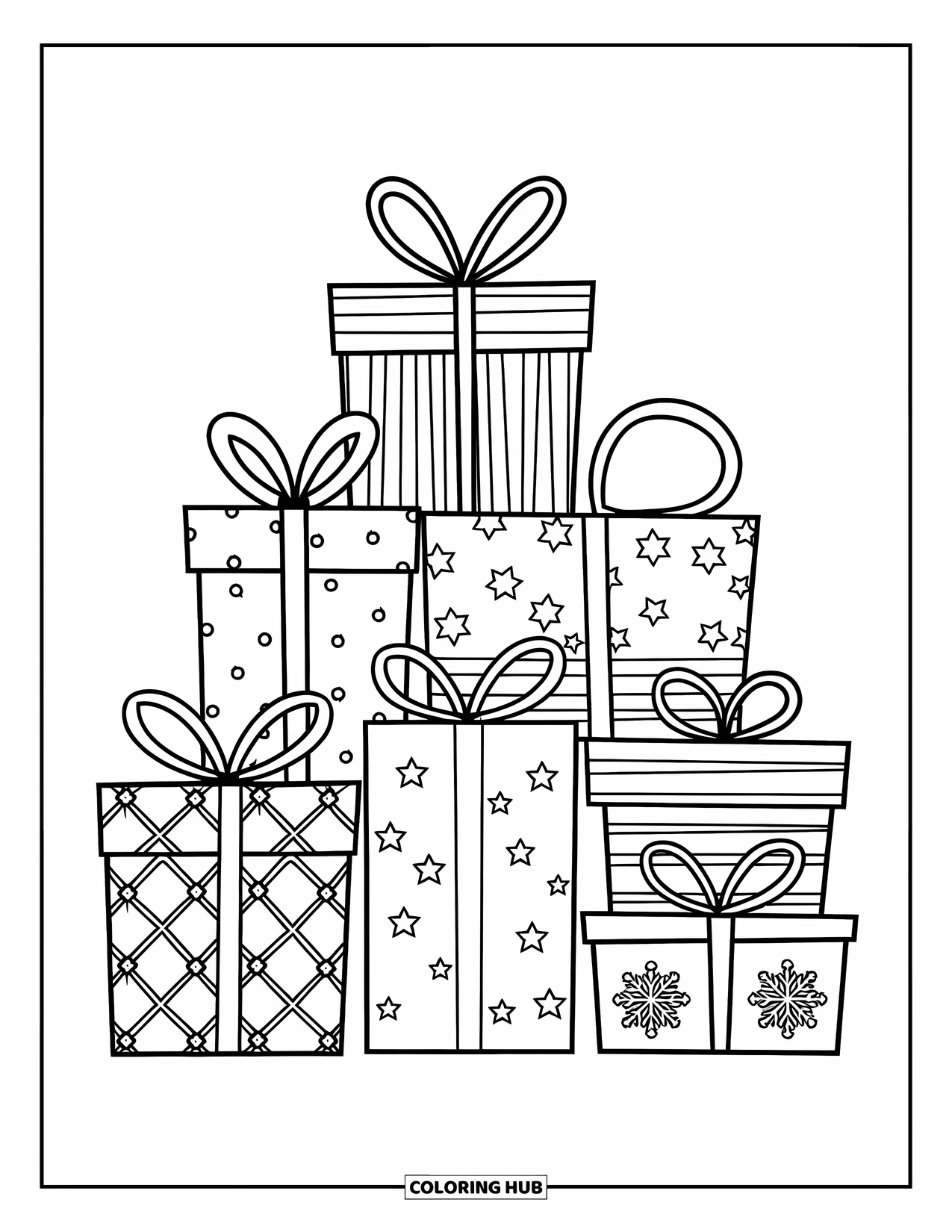 Christmas Presents Coloring Page for Kids: Pyramid-shaped gifts with stars, stripes, and snowflakes on a white background