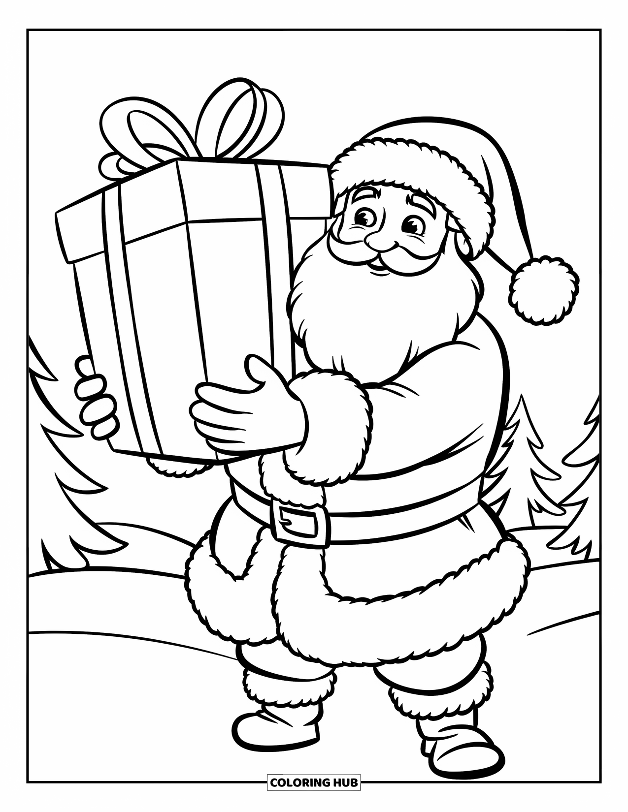 Christmas Presents Coloring Page for Kids: Santa carries a giant present through a snowy winter scene