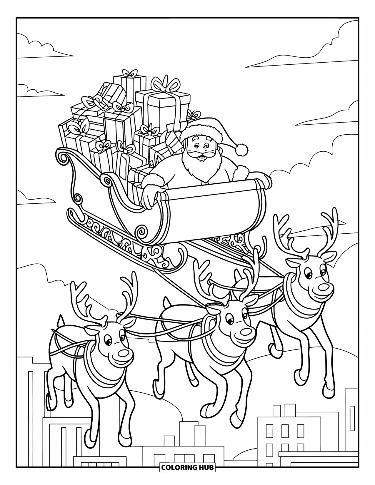 Christmas Presents Coloring Page for Kids: Santa flies through the night sky with reindeer and a sleigh full of presents